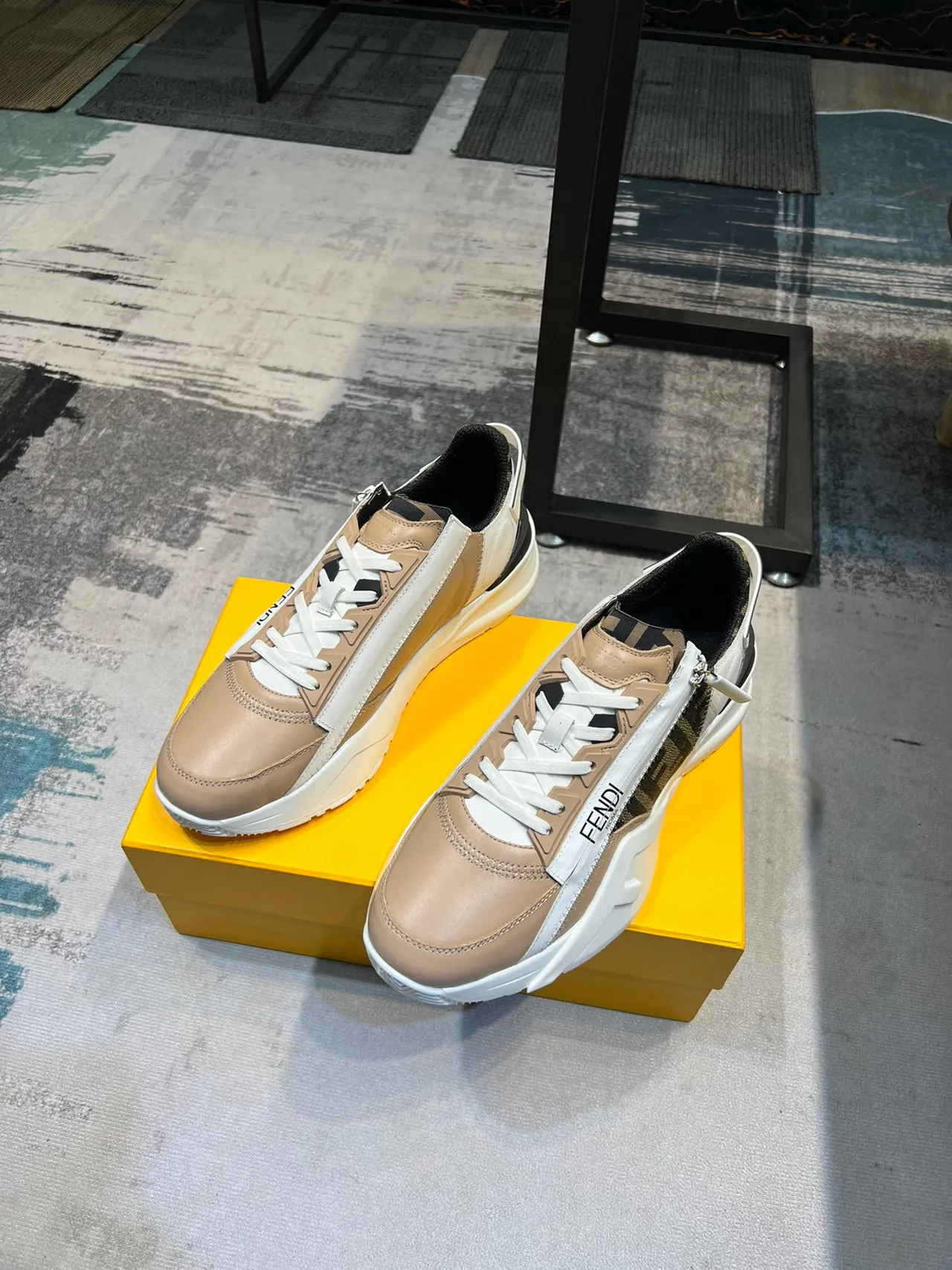 Fendi Beige White Platform Sole Asymmetrical Side Zipper Chunky Sneakers 5