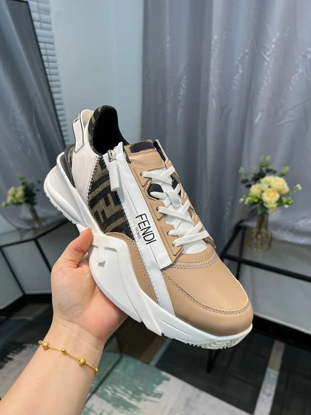 Fendi Beige White Platform Sole Asymmetrical Side Zipper Chunky Sneakers 6