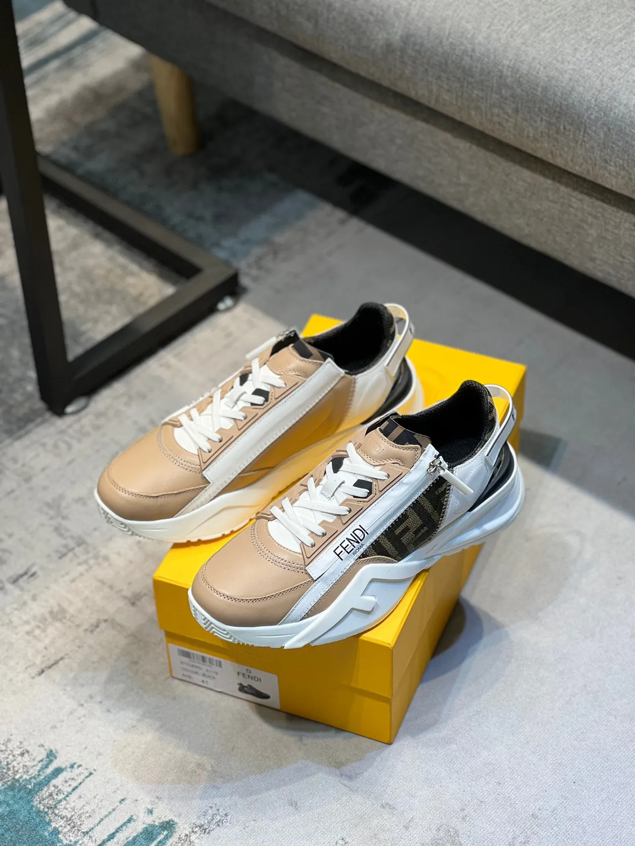 Fendi Beige White Platform Sole Asymmetrical Side Zipper Chunky Sneakers 7