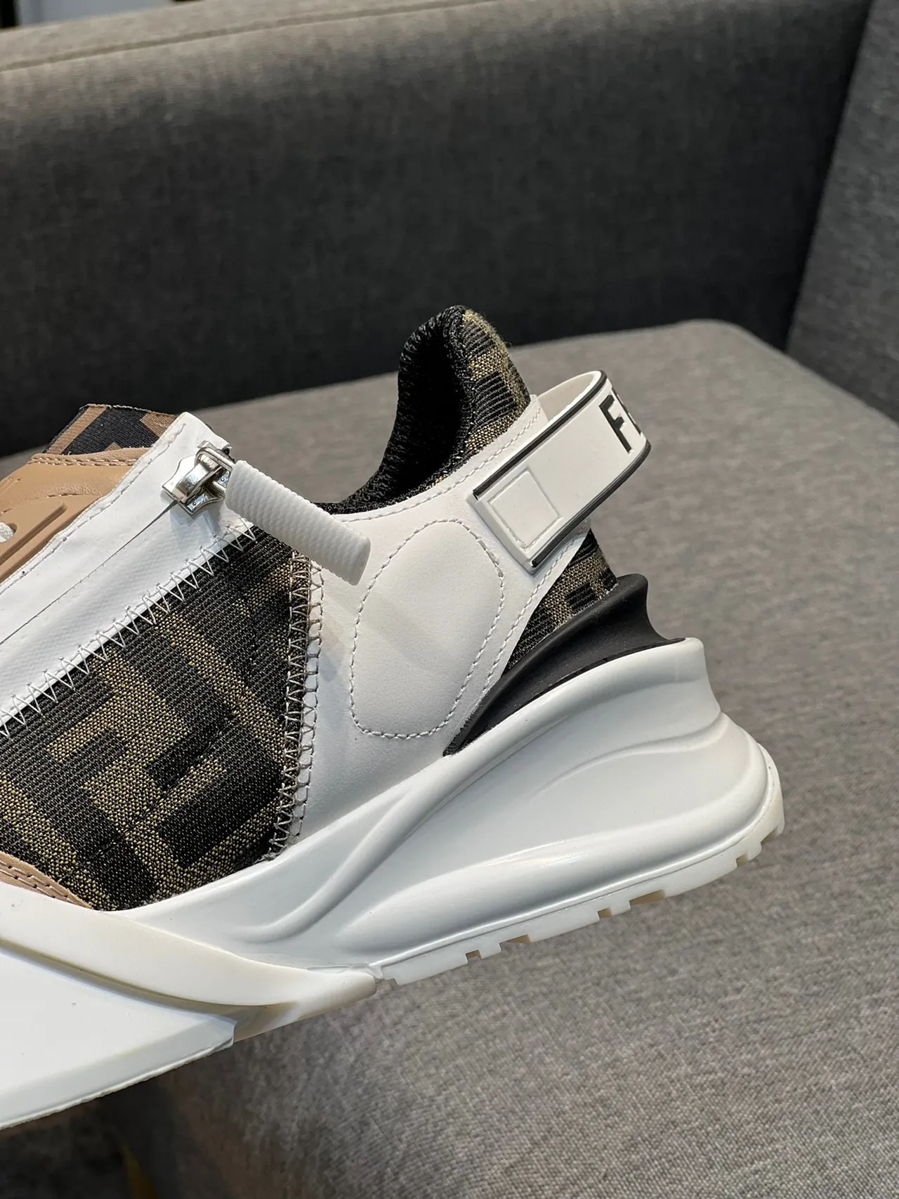 Fendi Beige White Platform Sole Asymmetrical Side Zipper Chunky Sneakers 8