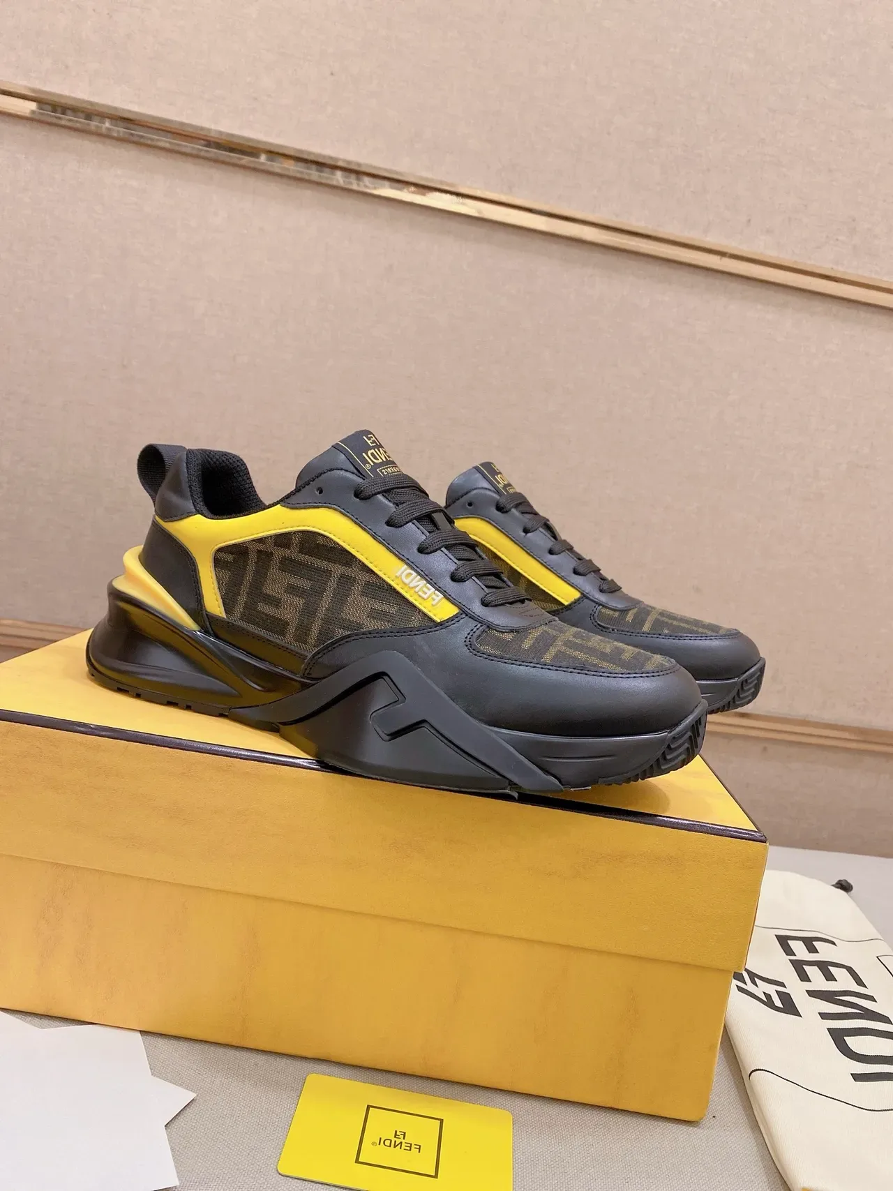 Fendi Black Yellow Chunky Sole Monogram Mesh Lifestyle Sneakers 5