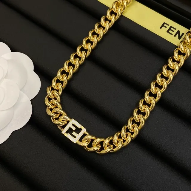 Fendi FF Chain dourado branco Curb-Link placa logo colar 2