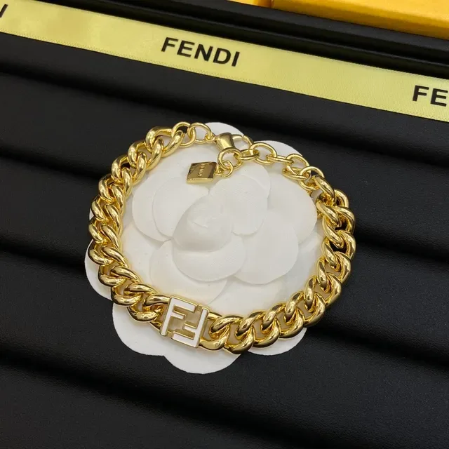 Fendi FF Chain dourado branco Curb-Link placa logo colar 3