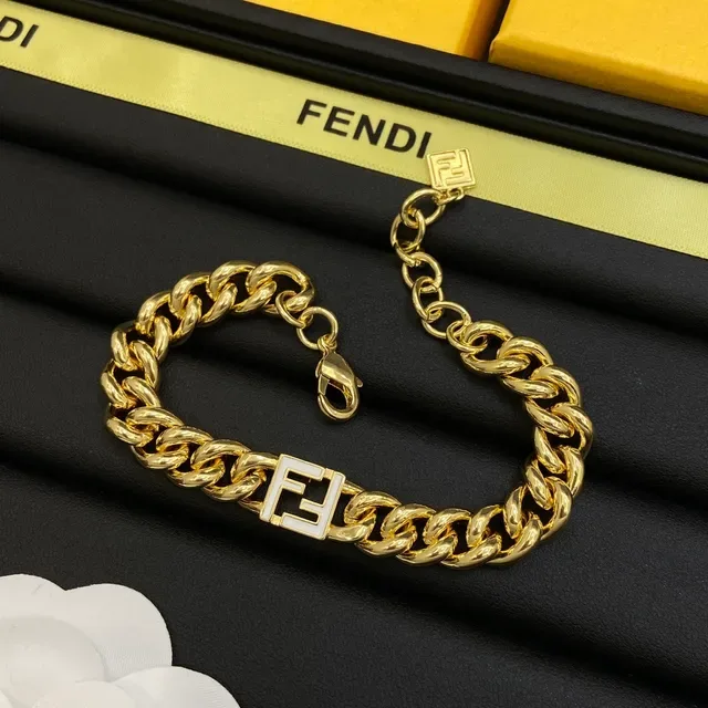 Fendi FF Chain dourado branco Curb-Link placa logo colar 4