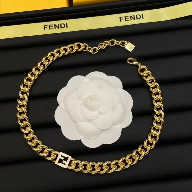 Fendi FF Chain dourado branco Curb-Link placa logo colar 5