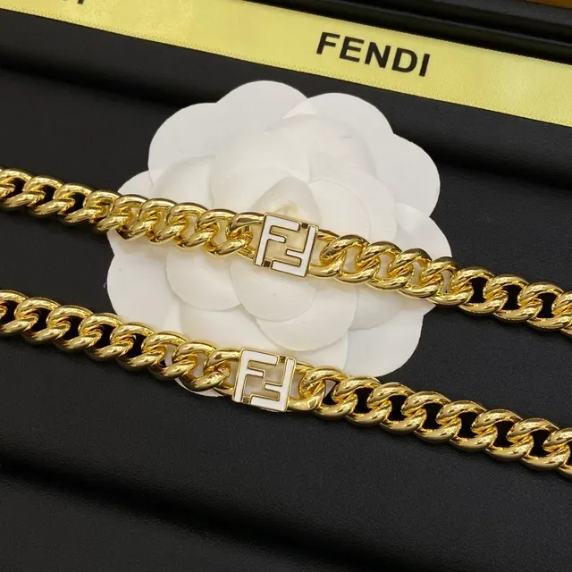 Fendi FF Chain dourado branco Curb-Link placa logo colar 6