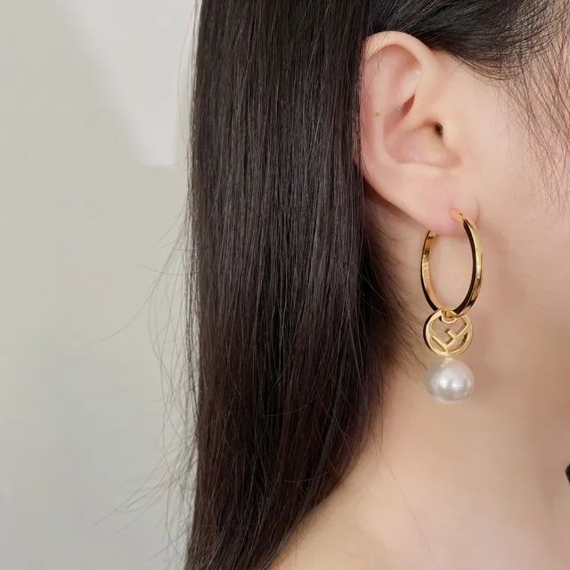 Fendi FF Gold White Hoop Logo Disc Earrings 4