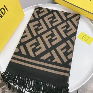 Fendi FF Monogram ক্যাশমিয়ার স্কার্ফ কালো এবং বেইজ
