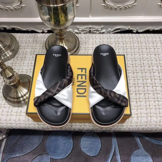 Fendi FF Monogram Slipper Black White Twisted Strap Satin-and-Leather Contrast Slippers 2