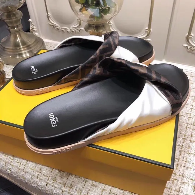 Fendi FF Monogram Slipper Black White Twisted Strap Satin-and-Leather Contrast Slippers 3