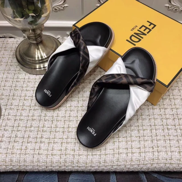 Fendi FF Monogram Slipper Black White Twisted Strap Satin-and-Leather Contrast Slippers 4