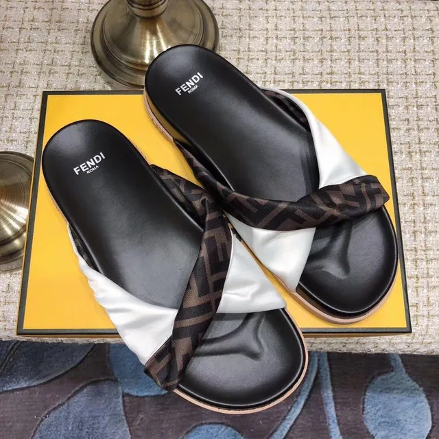 Fendi FF Monogram Slipper Black White Twisted Strap Satin-and-Leather Contrast Slippers 5