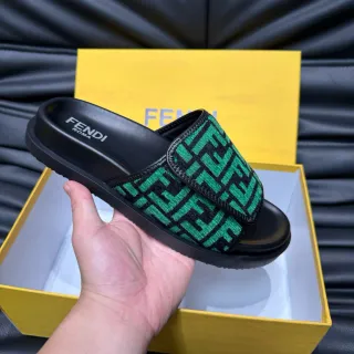 Fendi FF Slide Noir Vert Monogramme Bride Tissée Semelle en Caoutchouc Claquettes