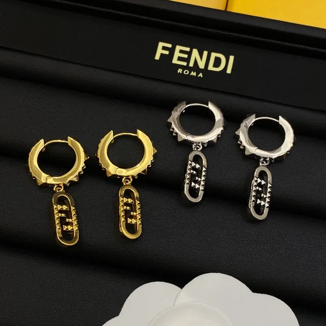 Fendi FF Spike Gold Silver Spiked Hoop Dangling Charm Earrings 6