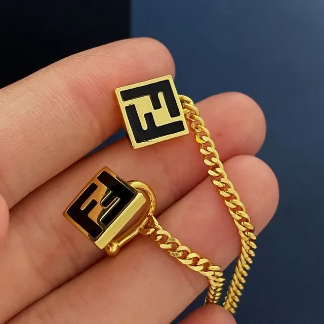 Fendi Gold Black Asymmetrical Chain-Connected Earrings 2