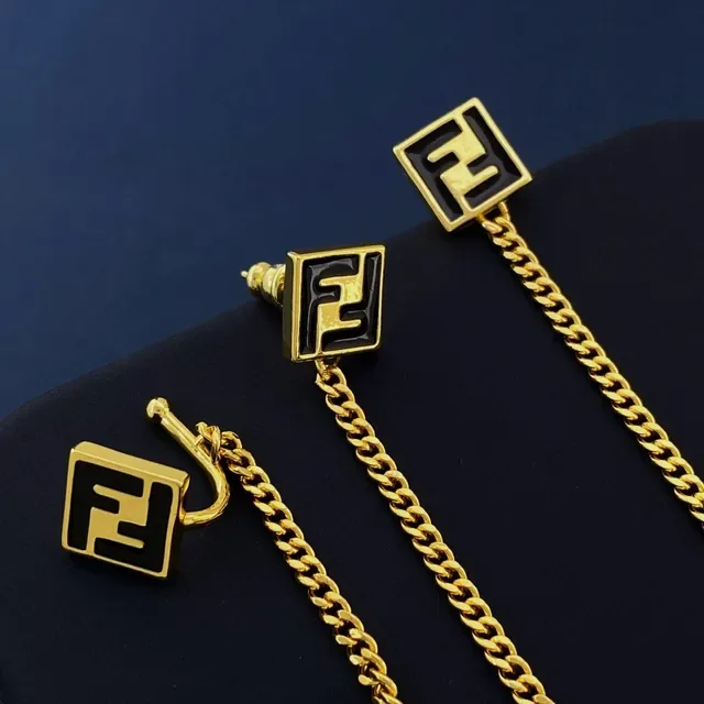 Fendi Gold Black Asymmetrical Chain-Connected Earrings 3