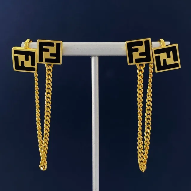Fendi Gold Black Asymmetrical Chain-Connected Earrings 6
