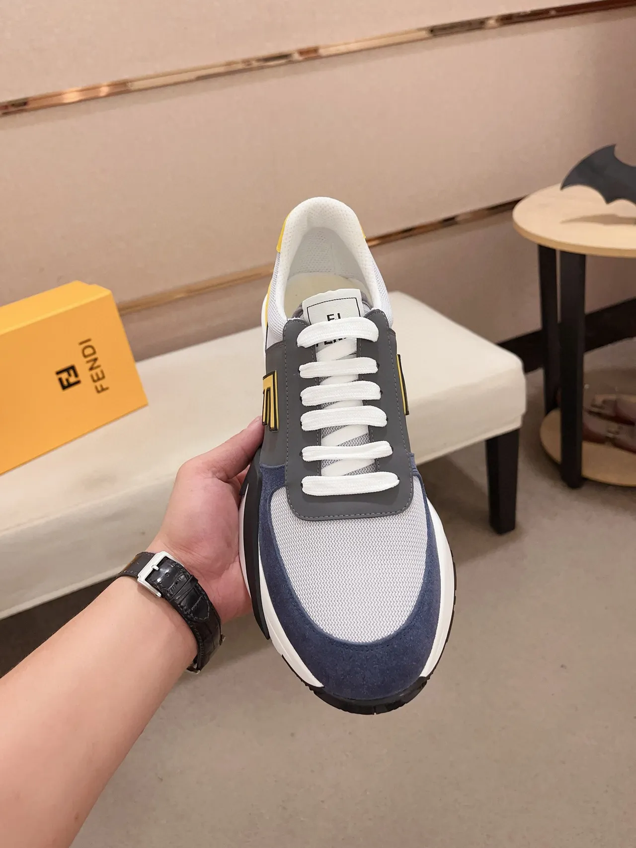 Fendi Gray Navy Multi-Material Upper Sculpted Midsole Chunky Sneakers 2