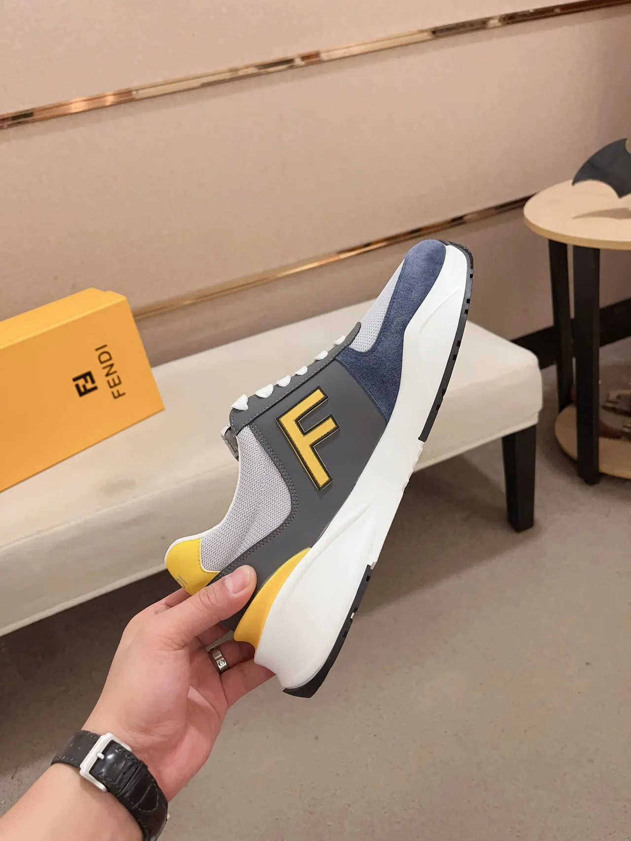 Fendi Gray Navy Multi-Material Upper Sculpted Midsole Chunky Sneakers 5