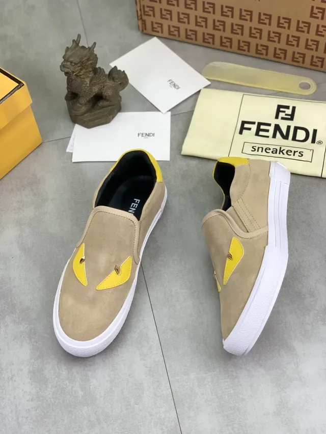 Fendi Monster Eye Beige and Yellow Suede Slip-On Lifestyle Sneakers 5
