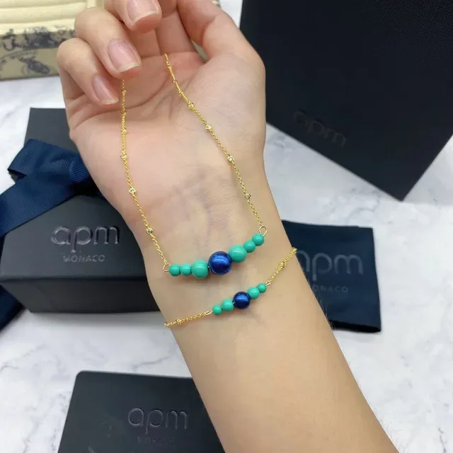 apm Monaco Gold Blue Chain Beaded Pendant Necklace 3