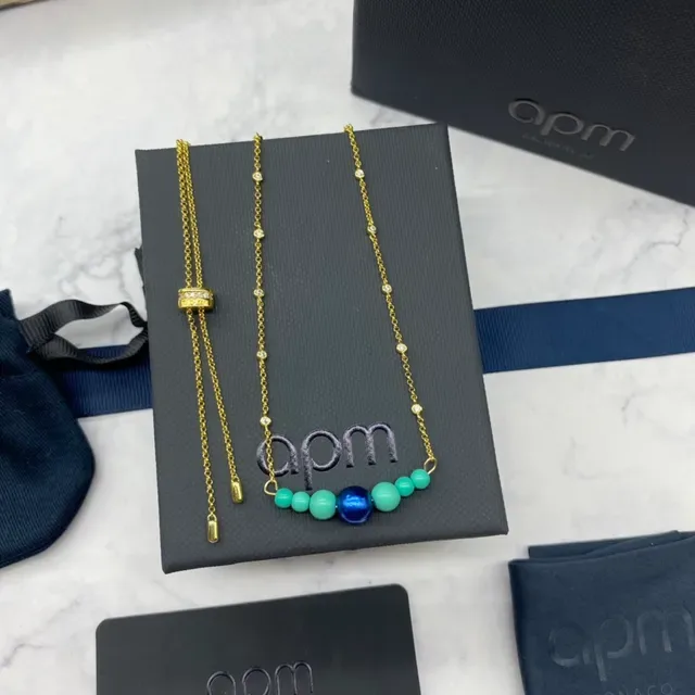 apm Monaco Gold Blue Chain Beaded Pendant Necklace 8