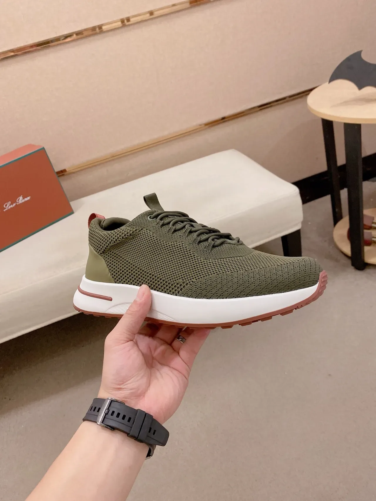 Army Green Pink Knit Upper Chunky White Midsole Sneakers 5