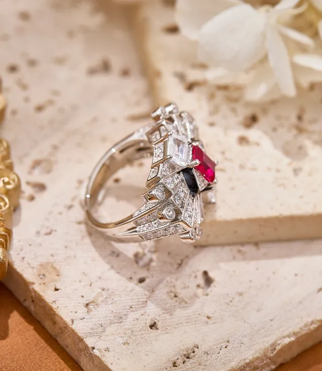 Art Deco Style Pink Gemstone and Diamond Halo Ring 7