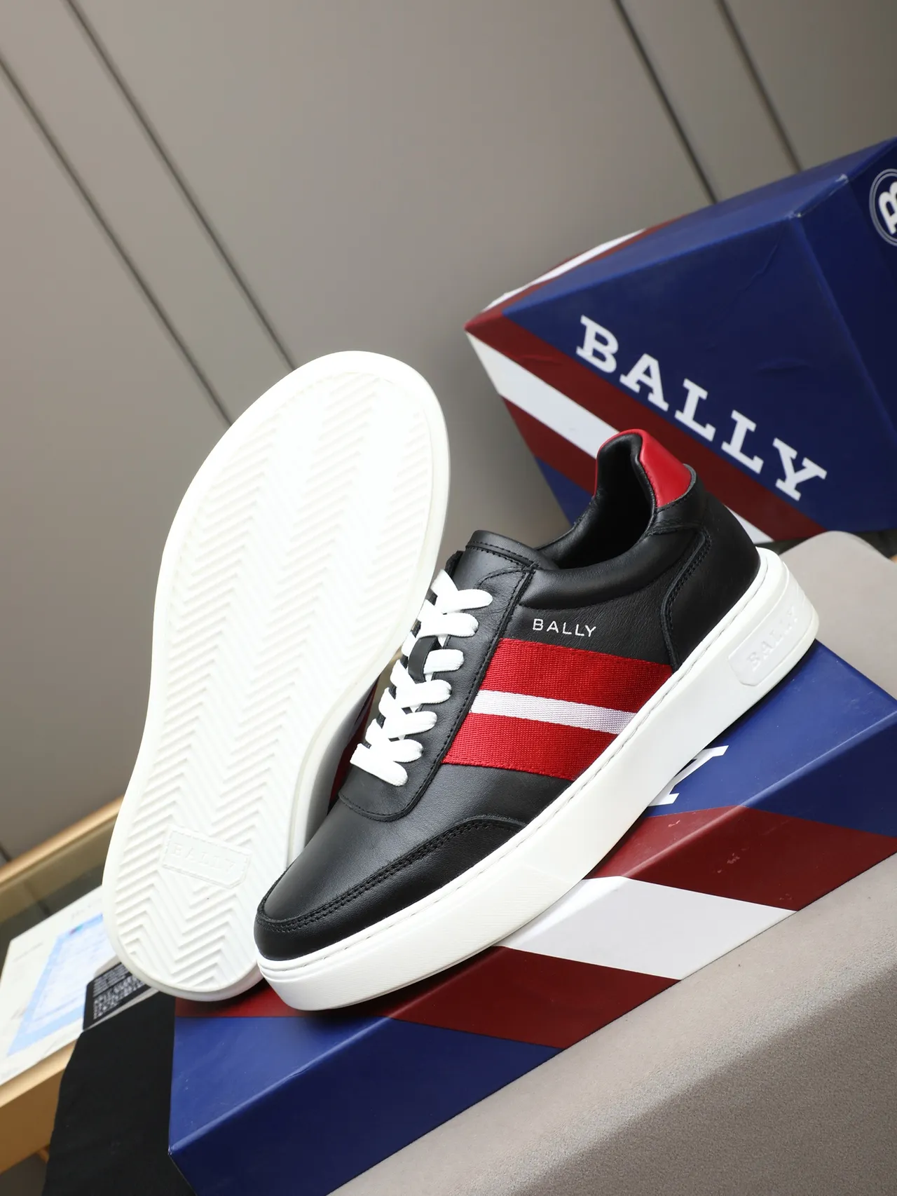 Bally Black Red Leather Upper Striped Side Panel Lifestyle Sneakers 4