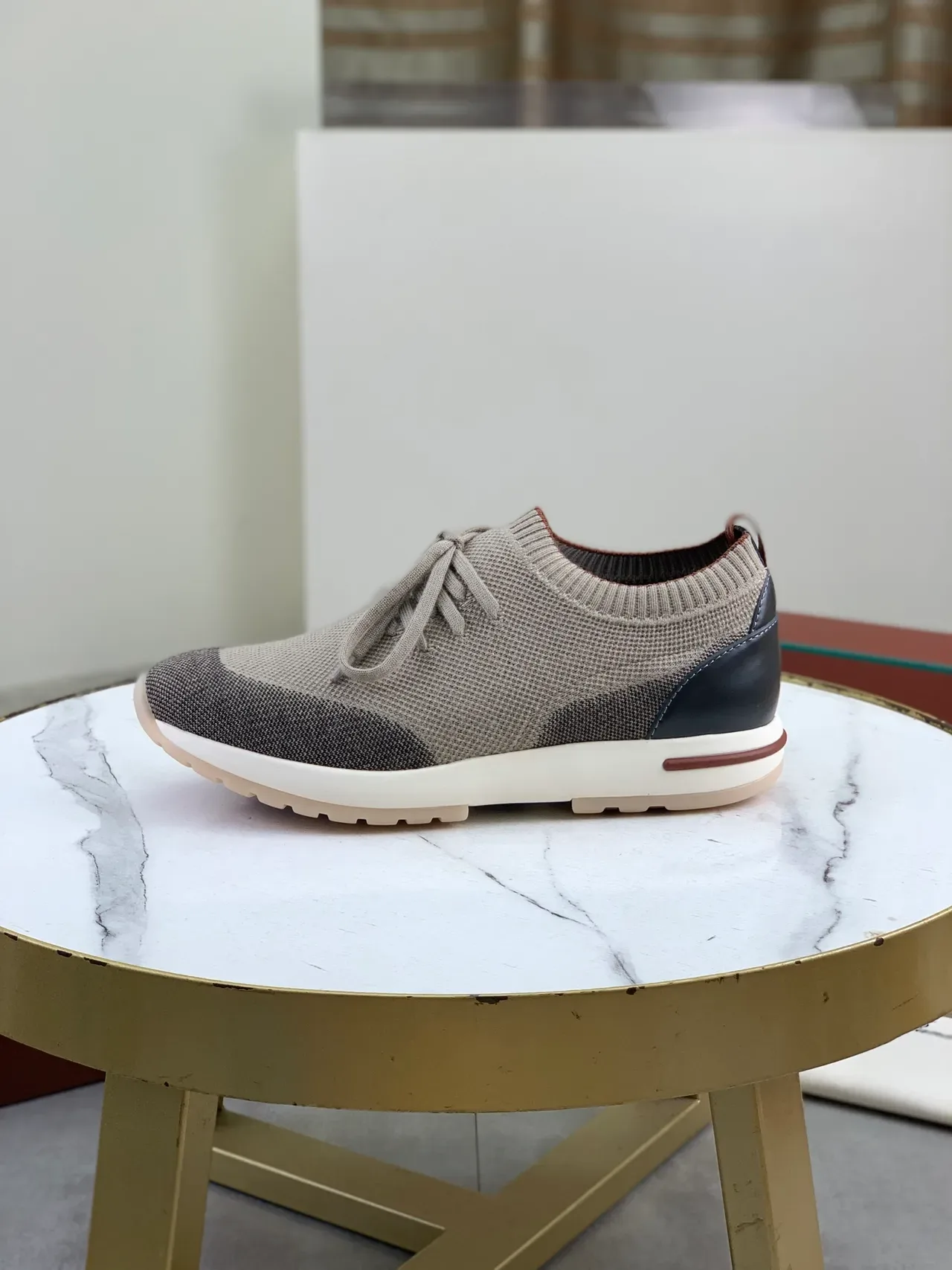 Beige and Gray Knit Low-Top Lace-Up Sneakers 5