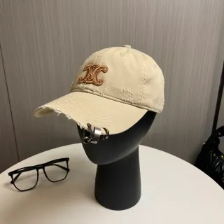 Beige Brown Distressed Denim-Like Fabric Embroidered Monogram Logo Baseball Cap
