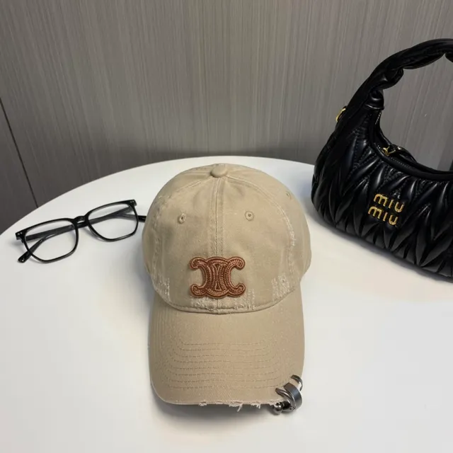 Beige Brown Distressed Denim-Like Fabric Embroidered Monogram Logo Baseball Cap 2