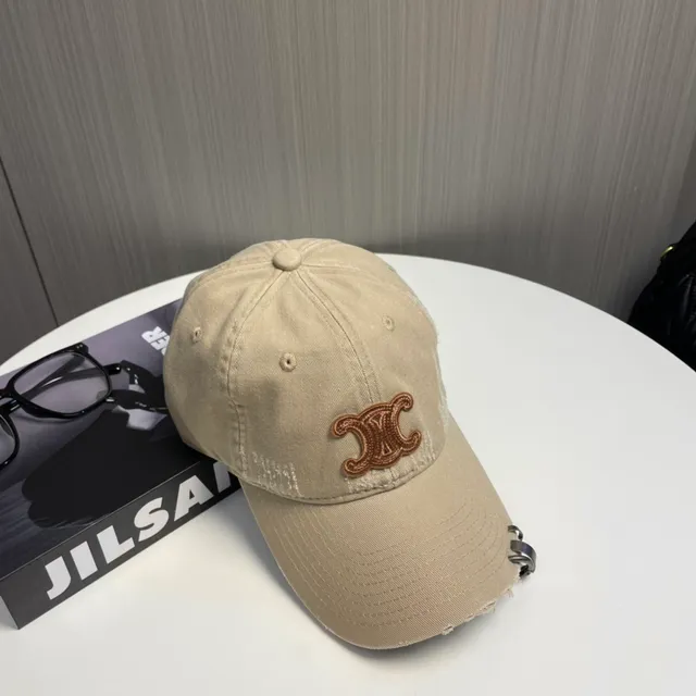 Beige Brown Distressed Denim-Like Fabric Embroidered Monogram Logo Baseball Cap 4