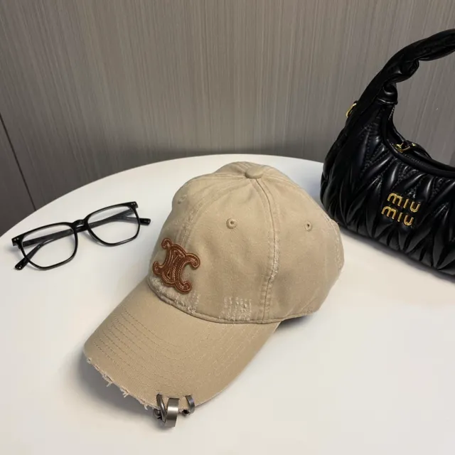 Beige Brown Distressed Denim-Like Fabric Embroidered Monogram Logo Baseball Cap 5