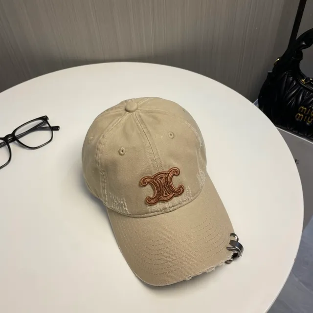 Beige Brown Distressed Denim-Like Fabric Embroidered Monogram Logo Baseball Cap 6