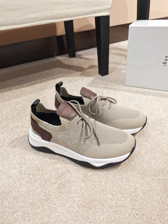 Beige Brown Knit Mesh Upper Leather Accents Sneakers 4