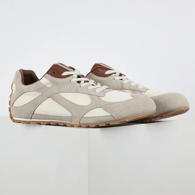 Beige Brown Layered Suede And Textile Upper Gum Rubber Sole Sneakers 3