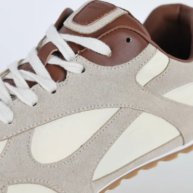 Beige Brown Layered Suede And Textile Upper Gum Rubber Sole Sneakers 6