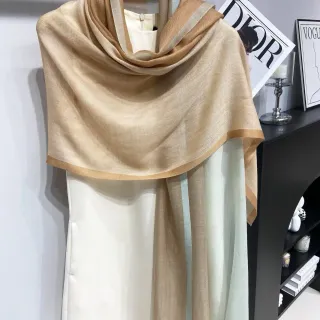 Beige Green Herringbone Weave Striped Silver-Line Border Scarve