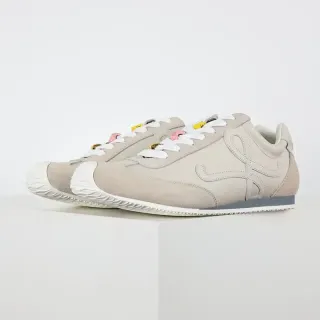 Beige White Mixed Suede And Leather Upper Sculpted Wavy Rubber Toe Cap Sneakers
