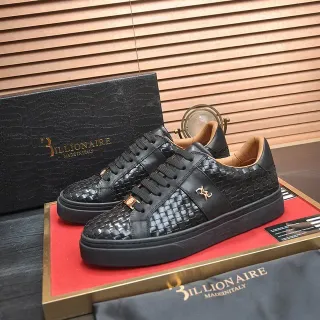 Billionaire حذاء جلد منسوج أسود ذهبي علوي قاعدة منصة مسطحة حذاء رياضي أسلوب حياة