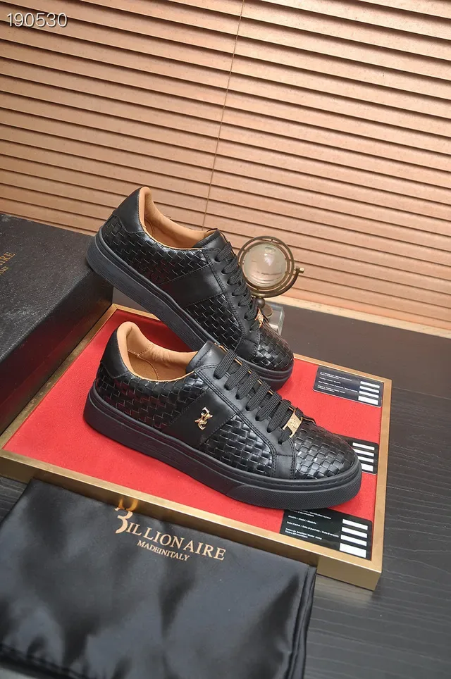 Billionaire Woven Leather Sneaker Black Gold Upper Flat Platform Sole Lifestyle Sneakers 5