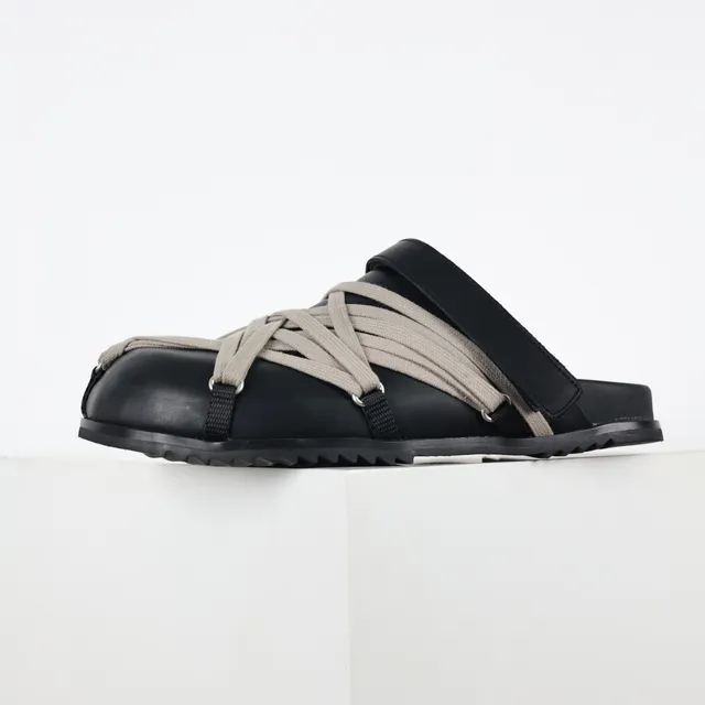 Black Beige Leather Upper Woven Strap Overlay Slippers 9