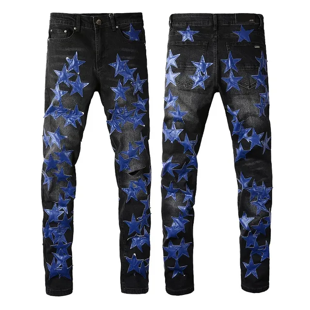 Jeans Noir Bleu Slim-Fit Brillant Étoile Appliqués 2