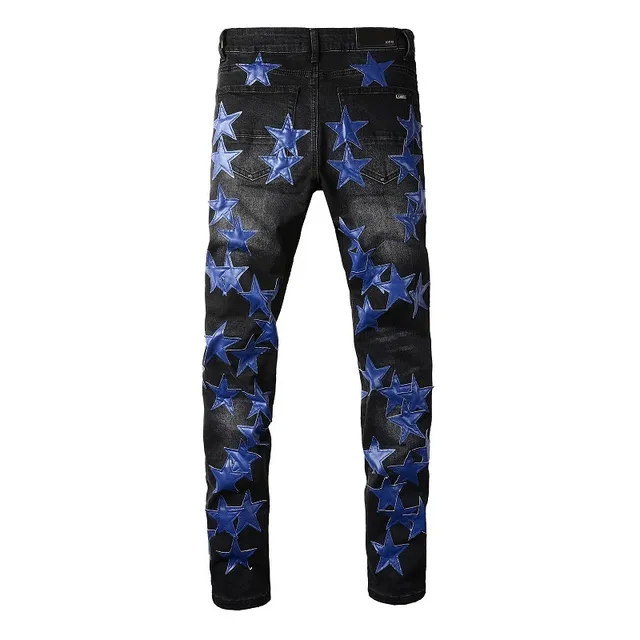 Jeans Noir Bleu Slim-Fit Brillant Étoile Appliqués 3