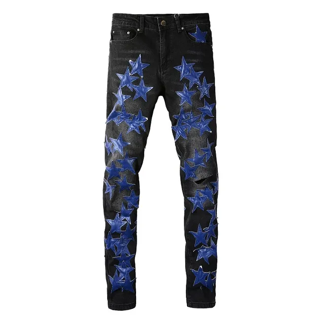 Jeans Noir Bleu Slim-Fit Brillant Étoile Appliqués 4