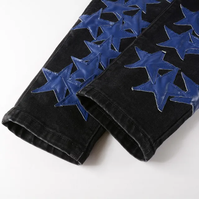 Jeans Noir Bleu Slim-Fit Brillant Étoile Appliqués 6