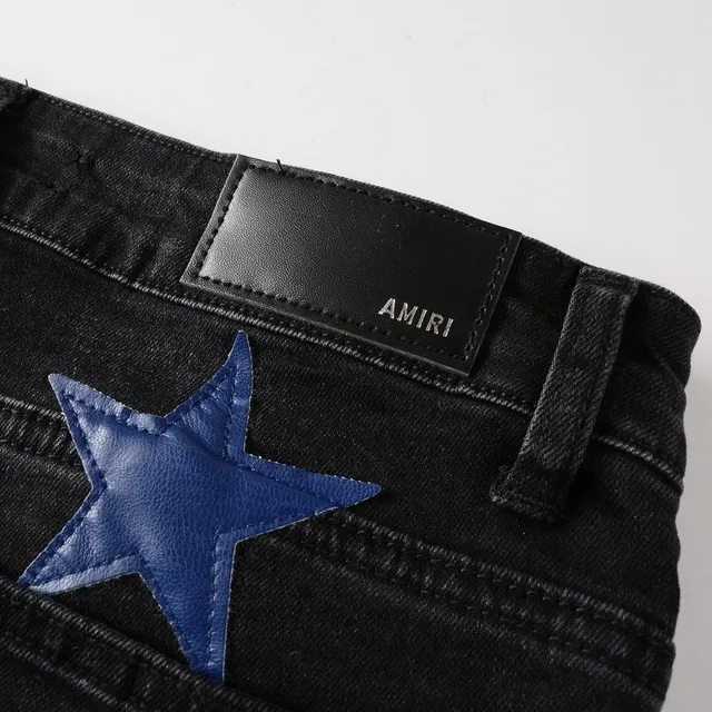 Jeans Noir Bleu Slim-Fit Brillant Étoile Appliqués 7
