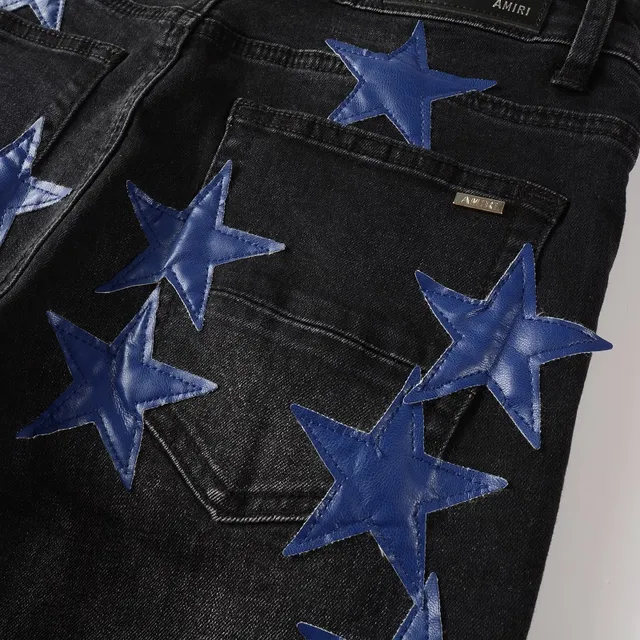 Jeans Noir Bleu Slim-Fit Brillant Étoile Appliqués 8