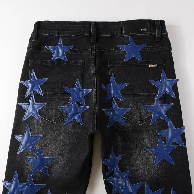 Jeans Noir Bleu Slim-Fit Brillant Étoile Appliqués 9